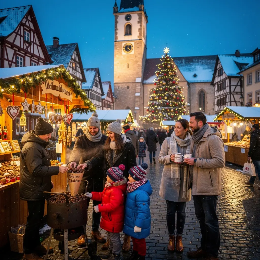 Ein bunter Marktstand mit frischem Obst und Gemüse in einer deutschen Stadt.